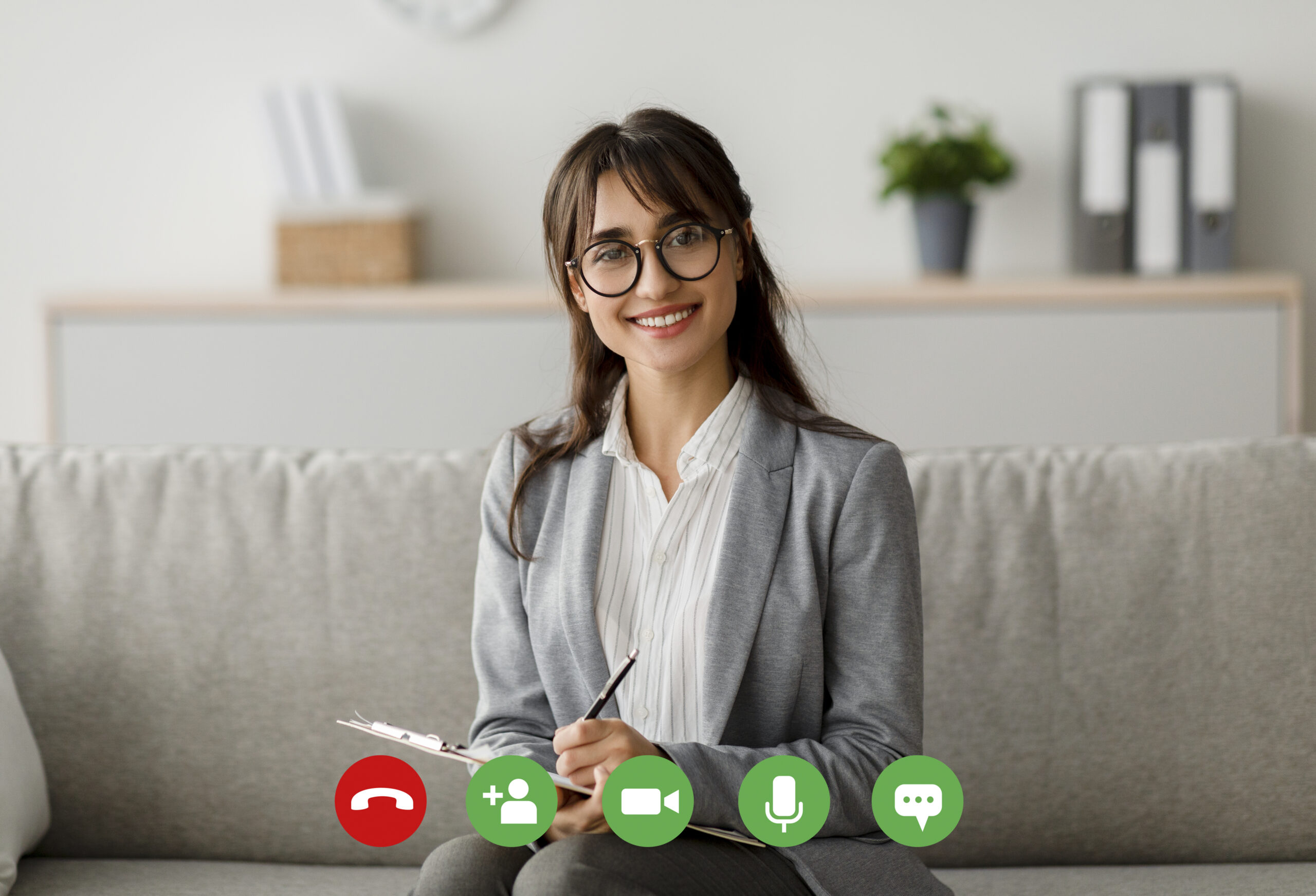 pov screenshot of millennial arab female psychologist giving online consultation, video chatting with client